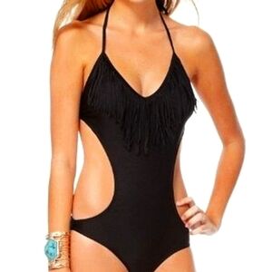 Kensie Black Fringe Cutout Monokini Sexy Spring Summer Rock Cowgirl Travel Beach